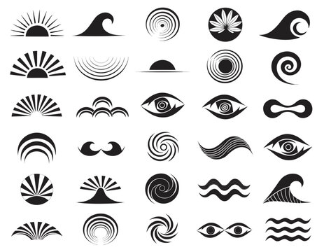 Abstract Ocean Waves, Sunbursts, and Eye Symbols Minimal Icon Set Vector