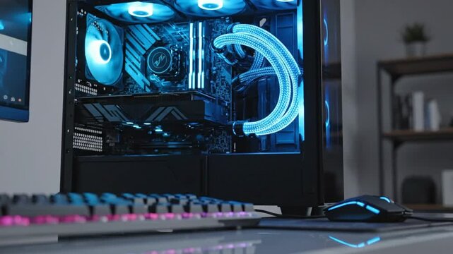 Futuristic gaming PC with custom RGB lighting, keyboard, and mouse setup in a modern workspace