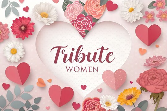 Beautiful floral composition featuring pink paper hearts and various blooming spring flowers surrounding the tribute women text celebration design graphic