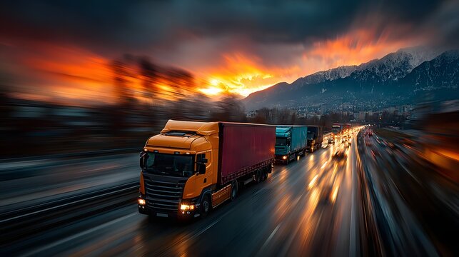 highway logistics flow with trucks moving forward, recovery and growth