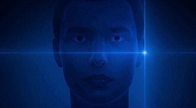 Revealing digital human face emerging blue light scan animation