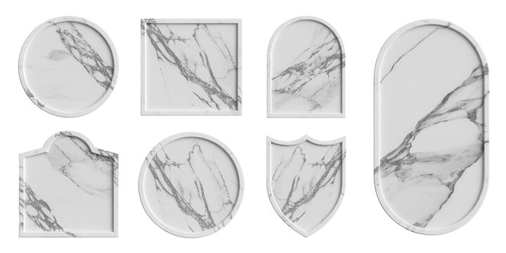 Marble shapes isolated on transparent background including circles squares arches and shields with gray veins for design and decoration