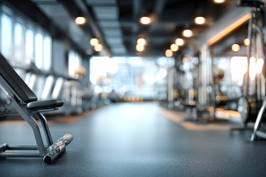 Blurred background of modern gym with fitness equipment and bright lights.