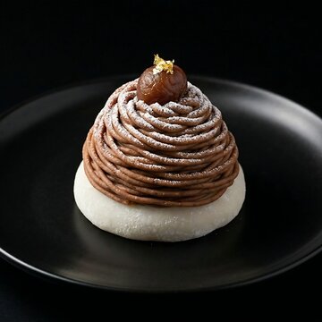 Modern bam mont blanc with chestnut cream swirls over mochi base, black plate, pure black background. Elegant soft lighting.