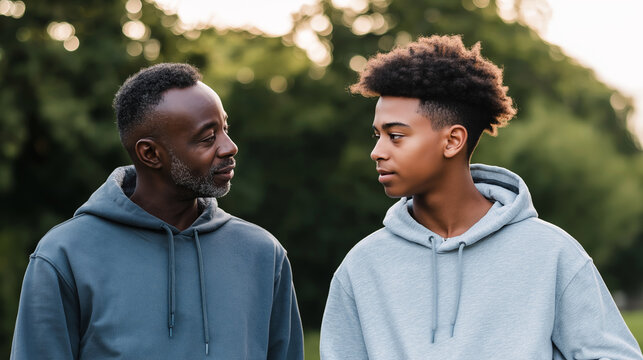 Father and son having serious conversation outdoors, discussing important matters, bonding and connecting