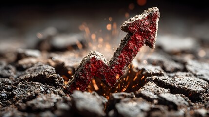 Fototapeta premium upward arrow emerging from broken ground, strong recovery visual