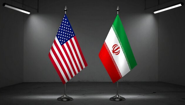 "United States and Iran flags crossed in dim room, symbolizing diplomacy, tension, negotiation, global politics, sanctions, economy, relations."