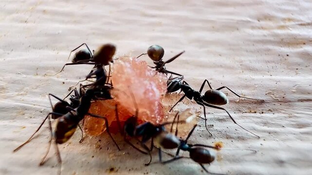 Macro footage of black ants swarming over a dead insect on a wooden surface, showing feeding behavior and coordinated movement as they break down organic matter in a natural environment.