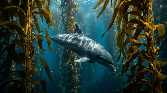 &nbsp;A cinematic underwater shot of a dolphin weaving through a dense forest of giant kelp. The long, golden-brown blades of kelp frame the dolphin, creating a sense of depth and mystery. 