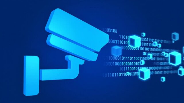 Surveillance camera icon with data cubes and binary code streaming across a blue background demonstrating security