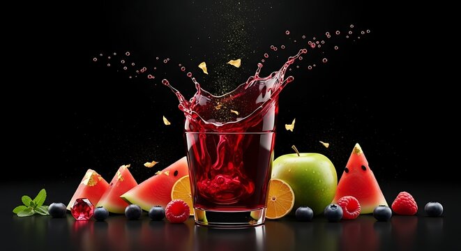 Percikan Jus Merah Segar dengan Buah Buahan Tropis dan Emas