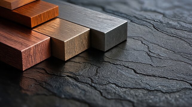 Four rectangular metal and wood blocks in various finishes arranged on a textured black stone surface, showcasing different colors and materials for design applications