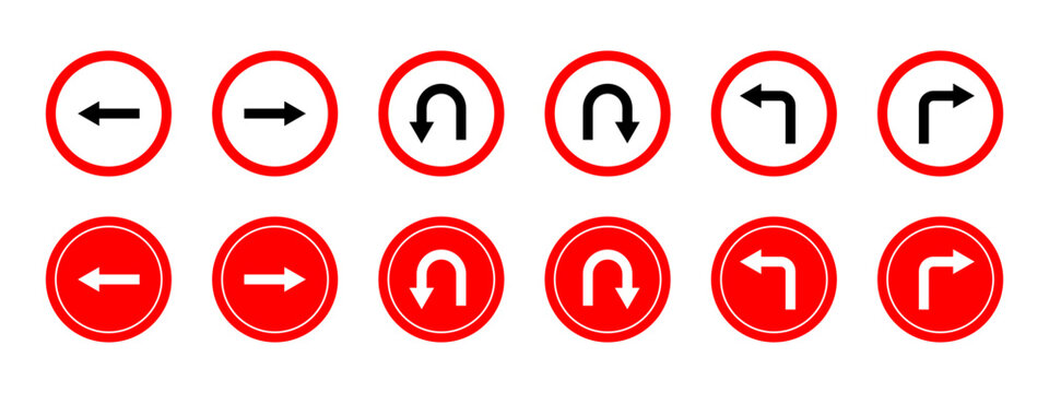Collection of red circular traffic signs featuring various directional and u-turn arrow symbols.