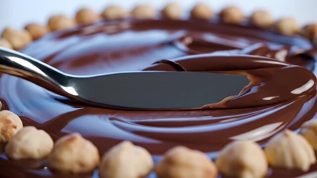 Closeup of a spoon spreading chocolate hazelnut spread with nuts around.
