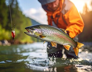 Obraz premium A person reeling in a leaping rainbow trout, hook in view