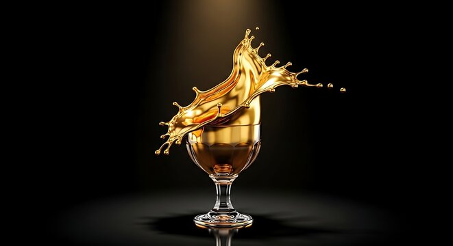 Percikan Cairan Emas Mengkilap Dalam Gelas Kaca Mewah