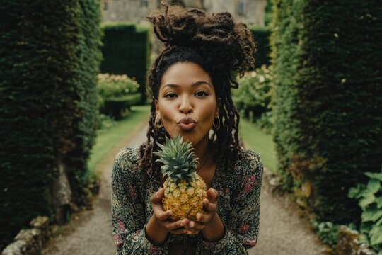 Young woman with locs holding a fresh pineapple and puckering lips, summer outdoor portrait in a garden path.