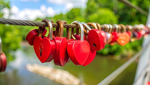 Heart-shaped locks attached to a cable over a river