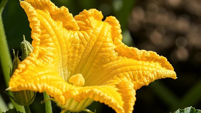 Closeup of a vibrant yellow squash blossom in full bloom natures beauty.