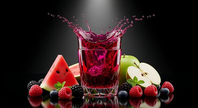 Percikan Jus Buah Segar Dalam Gelas Dengan Buah Buahan Di Sekitarnya