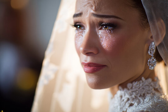 Detailed view of bride's emotional expression during ceremony, tears of joy, detailed bridal makeup and jewelry, soft warm lighting, ultra-sharp portrait focus in professional