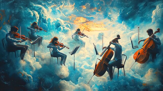 String quartet plays amidst ethereal cloudscape
