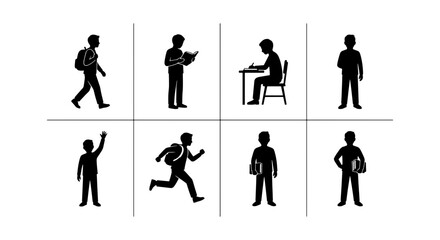 Fototapeta premium School student silhouette collection, set of 8 boy pupil icons in various poses, black vector figures of children studying and walking with backpacks