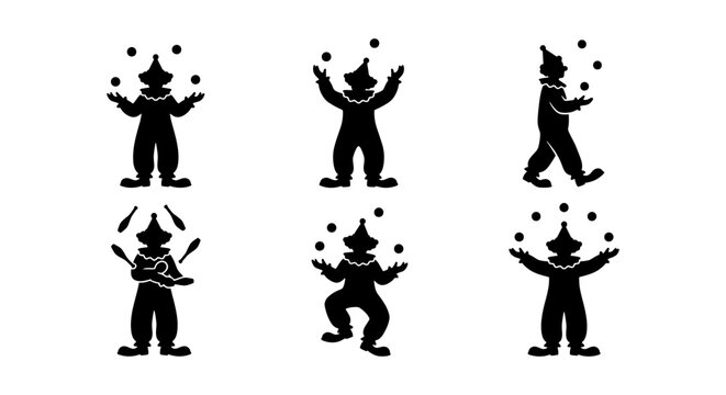 Circus clown silhouette set, 6 juggling performer icons, black vector entertainer figures, carnival showman character collection for event design