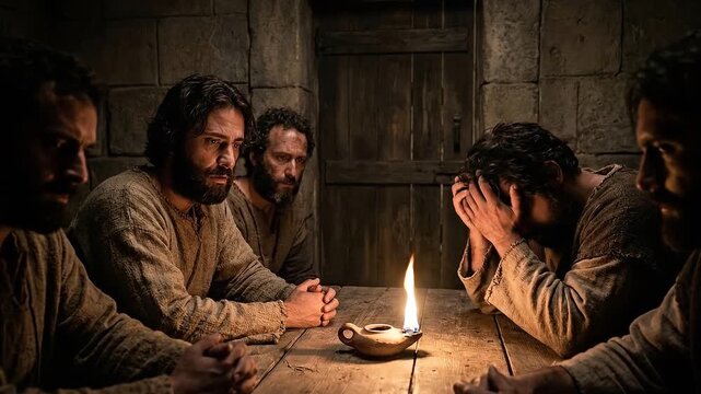 Fearful Disciples Hiding in Dark Room at Evening