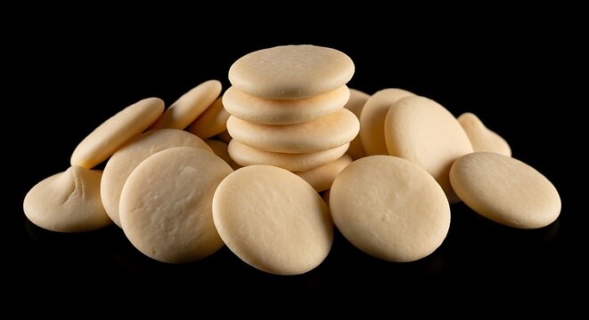Creamy, off-white, disc-shaped confections are piled and scattered against a black background