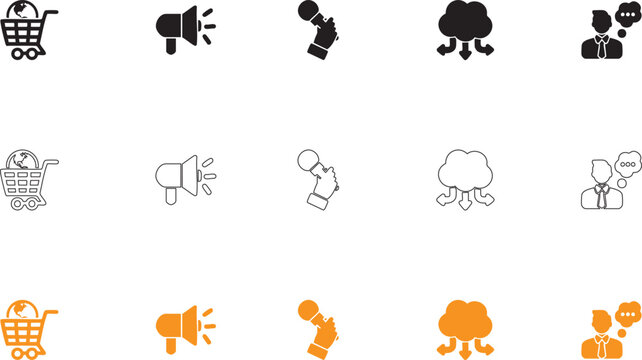 Minimalist business security and data icon set featuring declining charts, padlocks, hand gestures, keys, info bubbles, and ID badges.