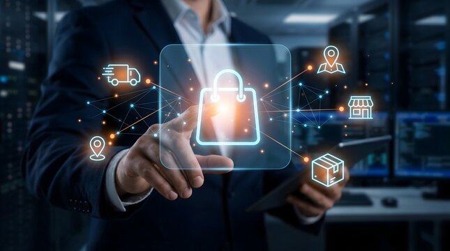 Businessman Touching Digital Shopping Interface for E-commerce Analysis