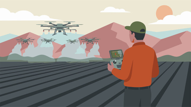 Farmer operating agricultural drones for modern crop spraying in a field
