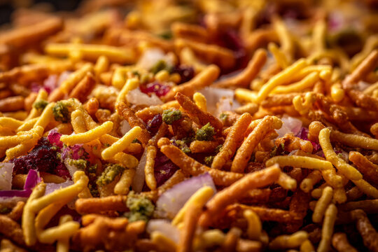 Professional crunchy sev mixture sprinkled over chaat snack with chutneys and yogurt, vibrant textures and spices visible setup in aesthetic