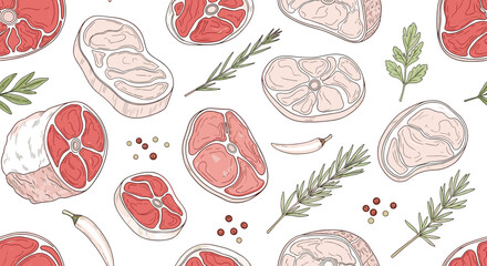 Obraz premium Seamless pattern background featuring various hand drawn cuts of raw meat, rosemary sprigs, and scattered peppercorns.