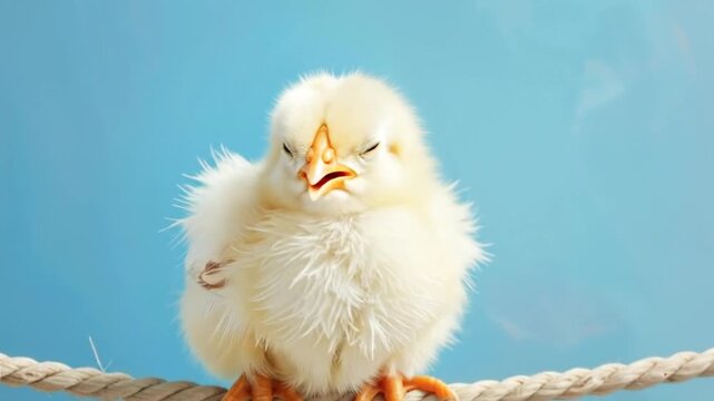 A fluffy, yellow chick perched on a rope against a bright, blue background