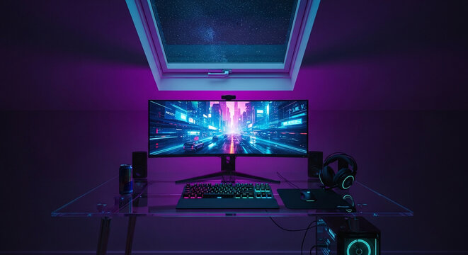Futuristic gaming setup with large monitor keyboard mouse headphones speakers and computer tower in room with neon purple lighting and starry sky ceiling.