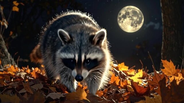 A raccoon in the autumn leaves under the bright full moon at night