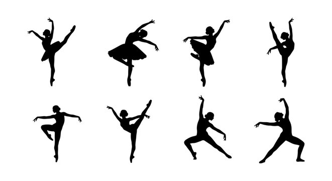 Graceful ballerina silhouettes, set of 8 ballet dancer vector icons, elegant female performers in classical dance poses, black silhouette art