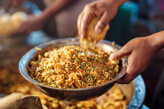 Indian street vendor hands preparing spicy bhel puri snack with puffed rice, onions and chutneys in metal bowl, detailed food texture background with copy space