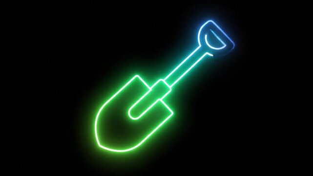 Neon shovel graphic with color transitions, animated glowing tool icon against a dark background.