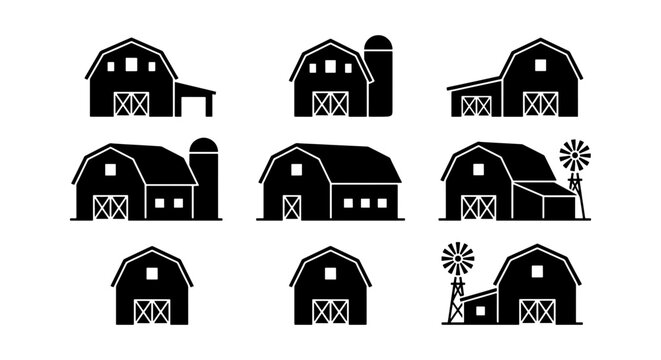 Rustic barn icons set, 9 black farm building silhouettes, traditional countryside granary and silo vector illustrations for agriculture branding