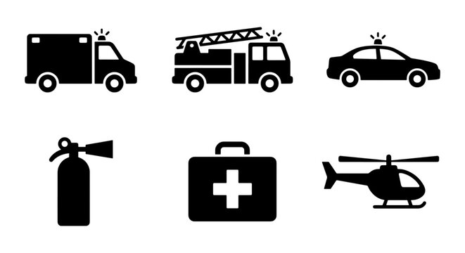 Emergency services icon set, black silhouette first responder vehicles and equipment, 6 vector icons including ambulance, fire truck, and police car