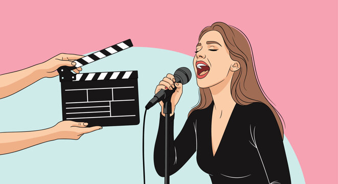 Talented young woman singing into a microphone on a film set while a clapperboard is held by crew hands in the foreground.