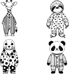 Fototapeta premium Cute Hand Drawn Animals in Pajamas Coloring Page Collection