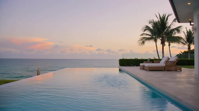 Luxury infinity pool at sunset overlooking the ocean with tropical palm trees and poolside lounge chairs in a private villa resort