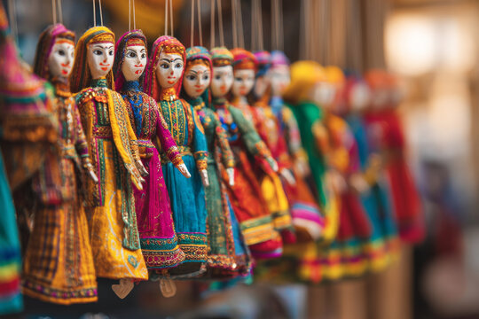 Detailed view of colorful jaipur puppets hanging in handicraft market display, traditional rajasthani folk art, vibrant fabrics and embroidery in professional