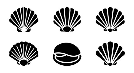 Minimalist seashell icon set, black scallop shell vector silhouettes, 6 marine clam and mollusk symbols for beach branding and nautical logos © Roksana