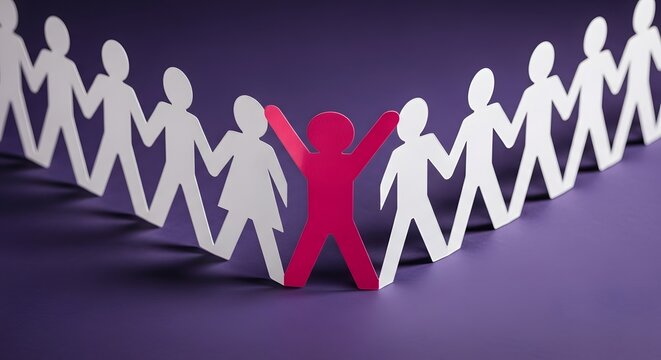 Red paper doll stands out from a line of white paper dolls with standing out