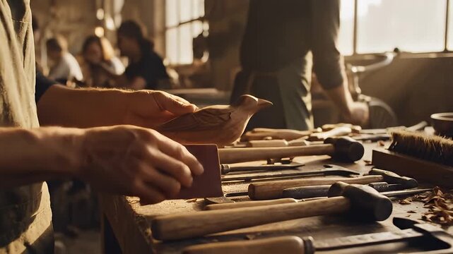 Artisan sanding wooden craft on workbench in dusty workshop